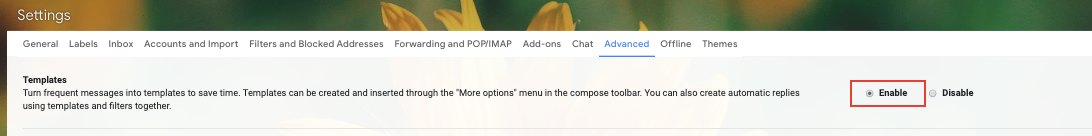 Navigation: Highlighting the selection of enable in the templates option.