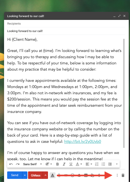Navigation: Arrow pointing to the 3 dots on the bottom right of the email draft.