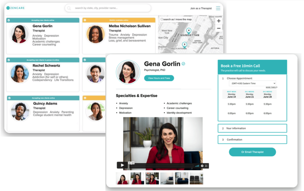 Screenshot of Zencare's therapist directory.